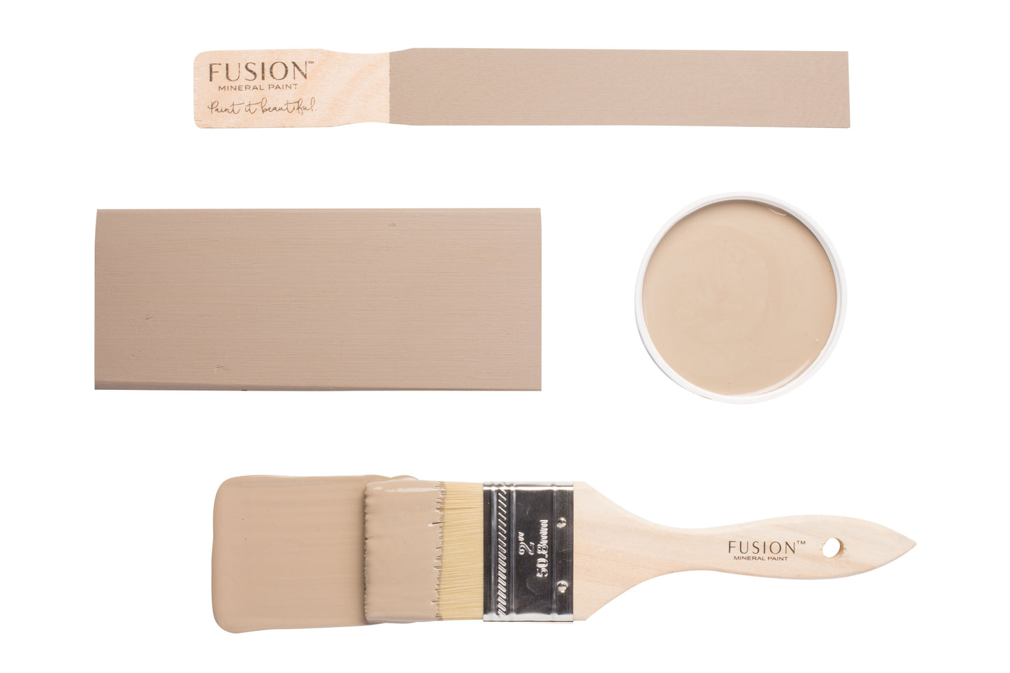 Fusion paintbrushes and colour sample with 'Algonquin' colour on a white background
