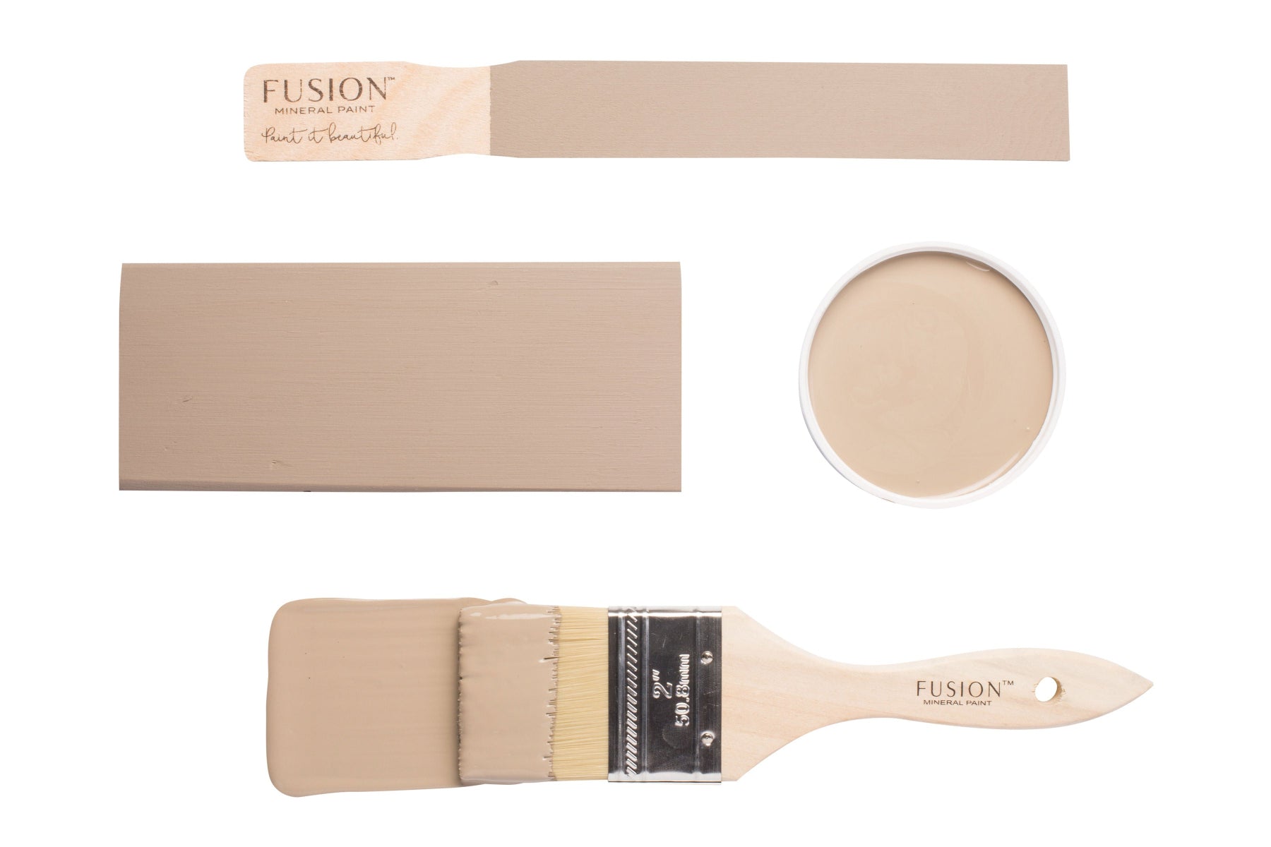 Fusion paintbrushes and colour sample with 'Algonquin' colour on a white background