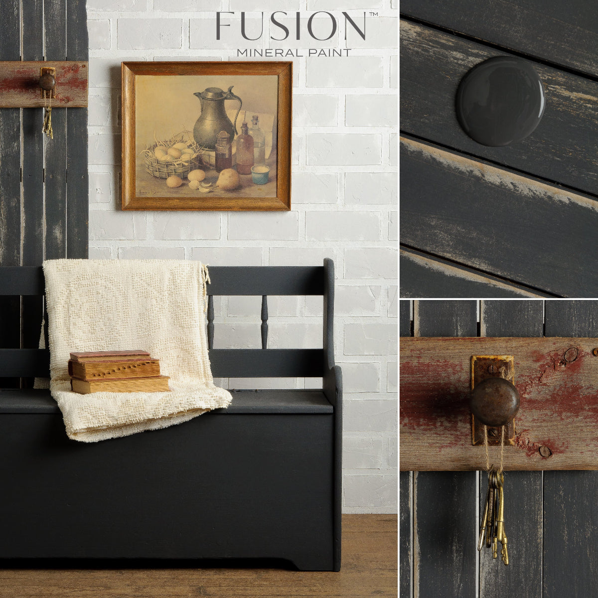Collage of a black bench, wall art, and rustic door with Ash Fusion Mineral Paint.