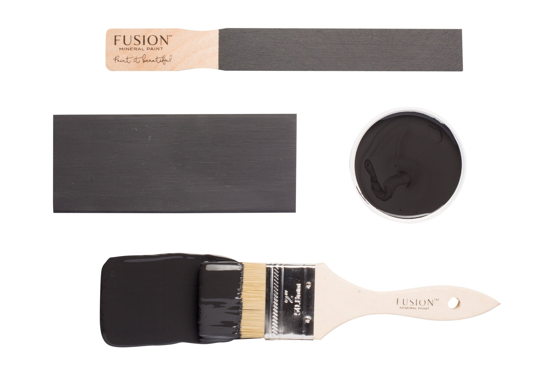 Fusion paint brush, black paint swatch, and can of Ash paint on a white background