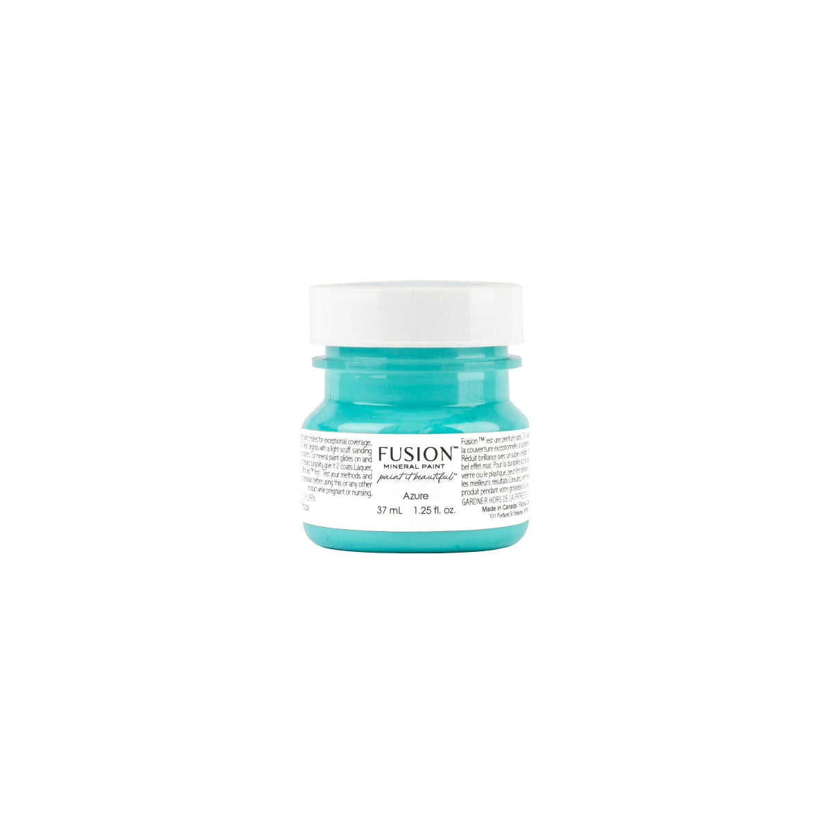 Turquoise jar of Fusion Azure paint on a white background