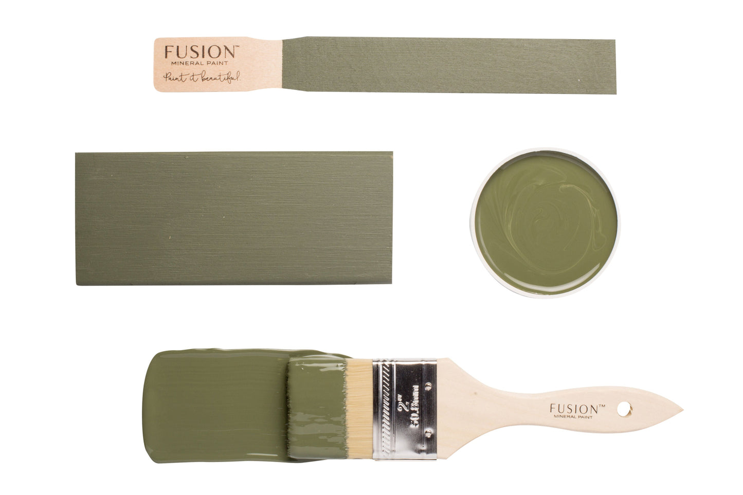 Fusion Bayberry paint swatch, brush, and container on a white background