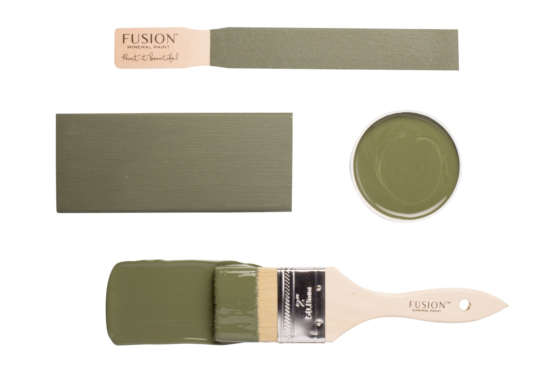 Fusion Bayberry paint swatch, brush, and container on a white background