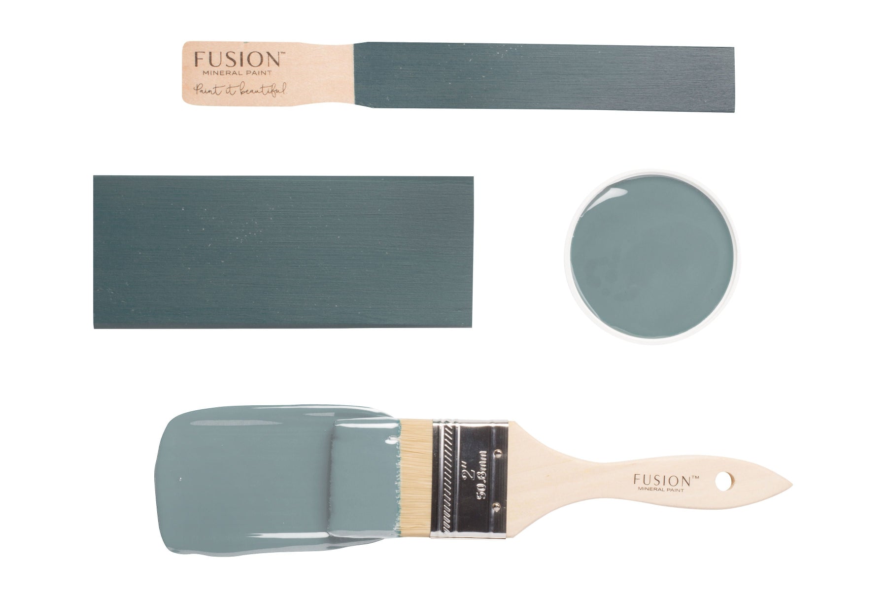 Fusion paint swatch with brush and colour name 'Blue Pine' on a white background