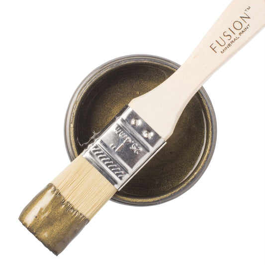 Fusion Metallic Mineral Paint in Bronze on a paint brush on a white background