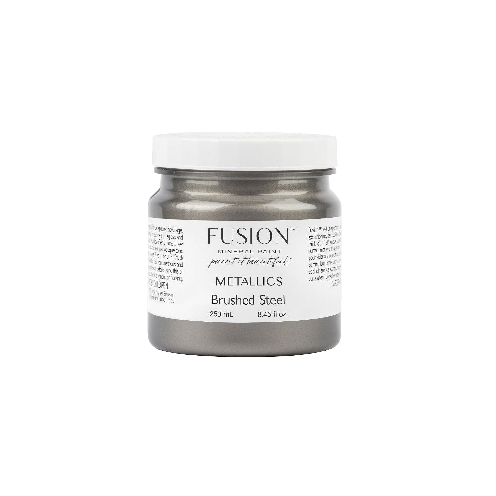 Brushed Steel Fusion Metallics paint jar on a white background
