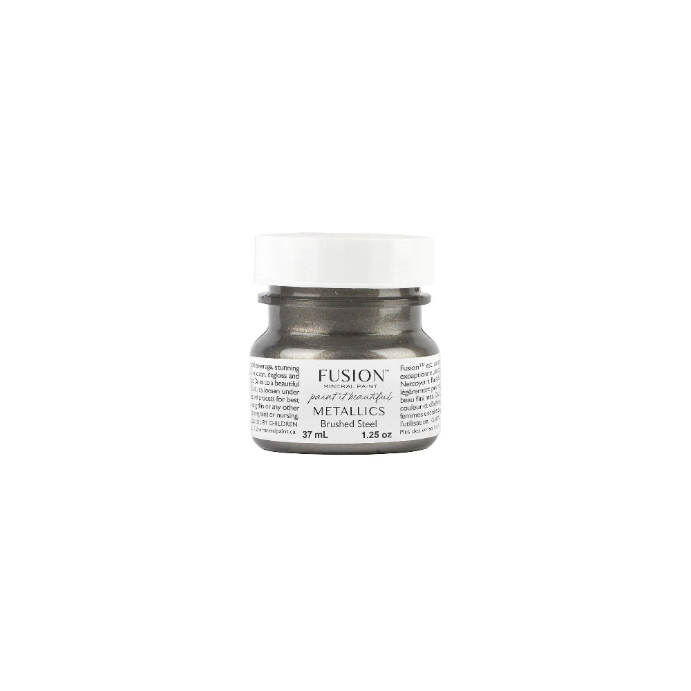 Tester jar of Fusion Brushed Steel Metallic paint on a white background