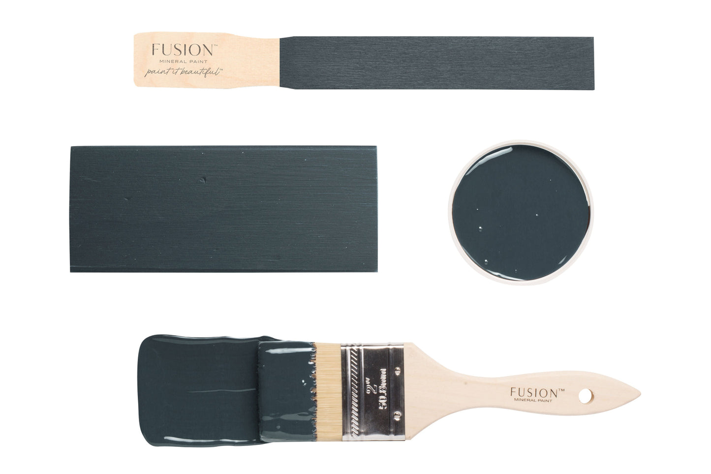 Fusion paint brush and colour swatch with 'Cambridge' label on a white background
