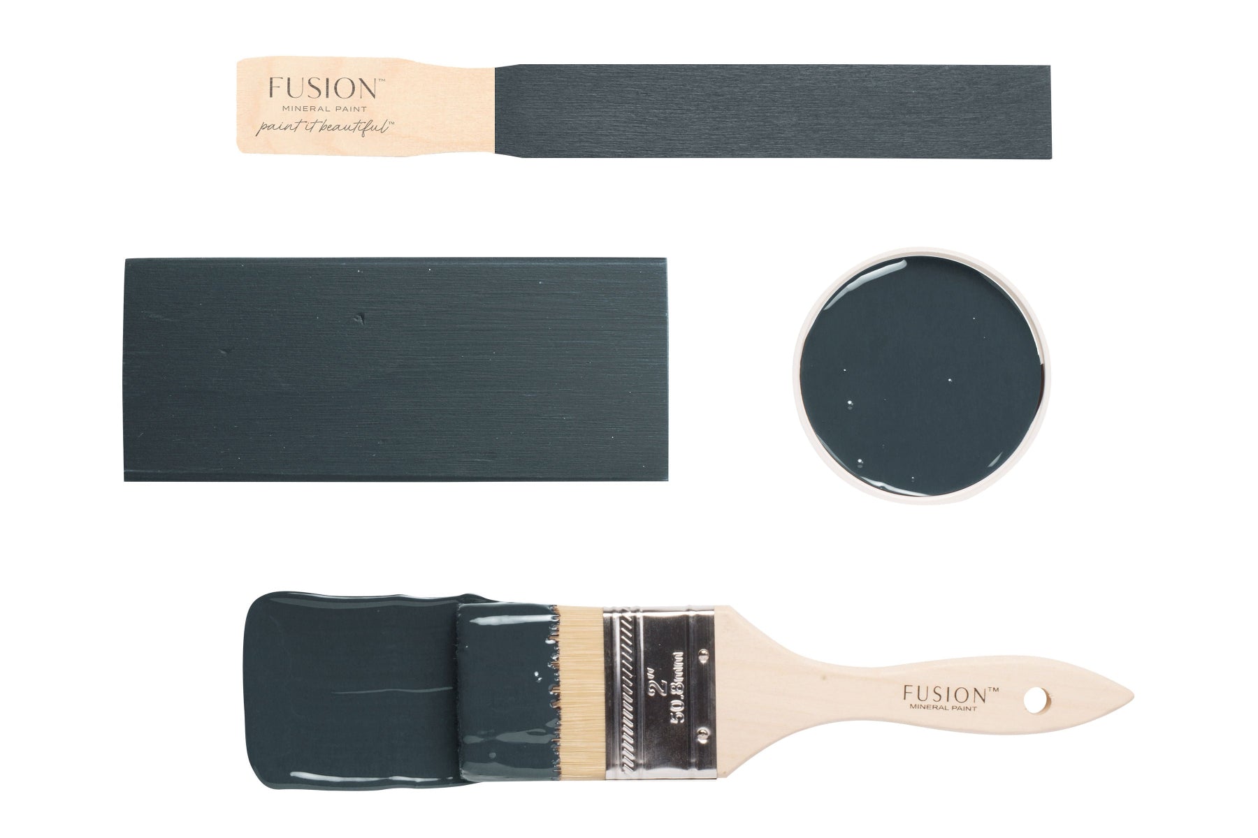 Fusion paint brush and colour swatch with 'Cambridge' label on a white background
