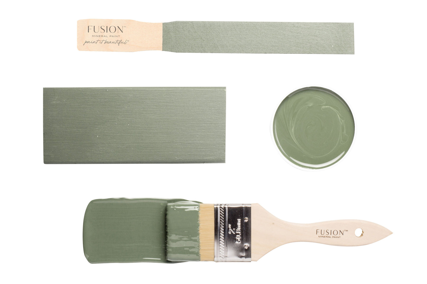 Fusion paint swatch and brush with 'Carriage House' colour on a white background