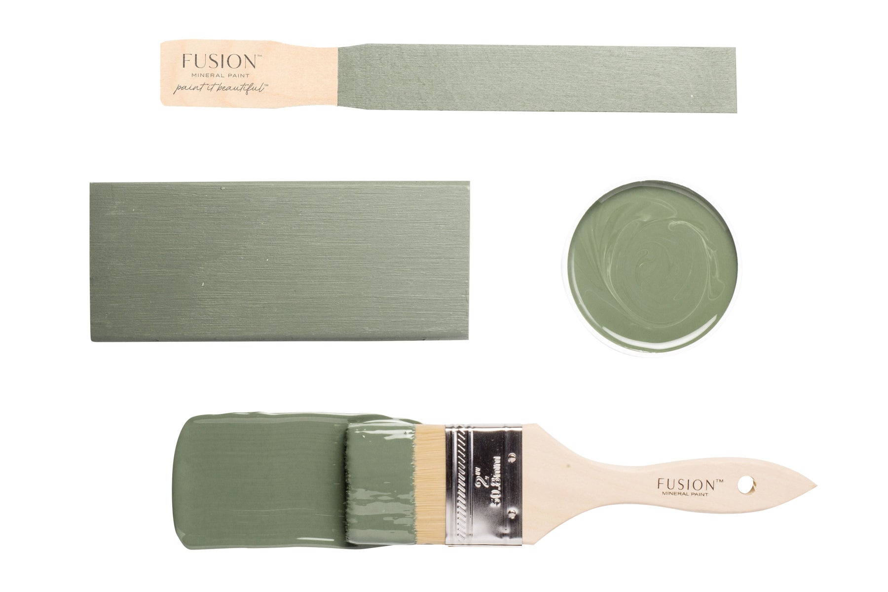 Fusion paint swatch and brush with 'Carriage House' colour on a white background