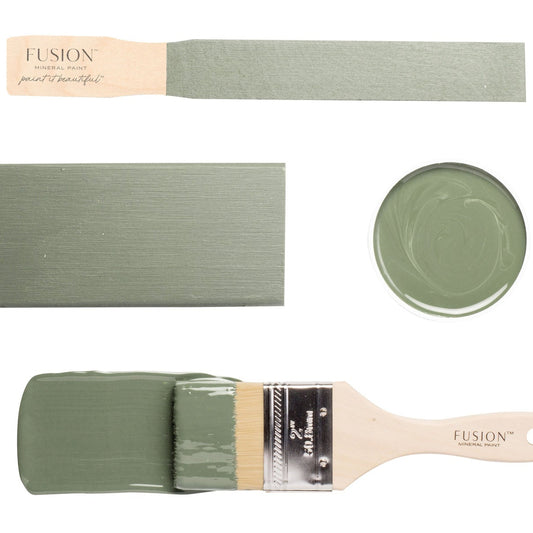 Fusion paint swatch and brush with 'Carriage House' colour on a white background