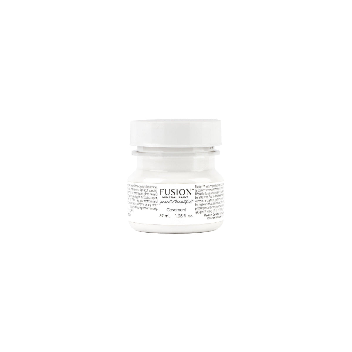 White jar with 'Fusion' label on a white background