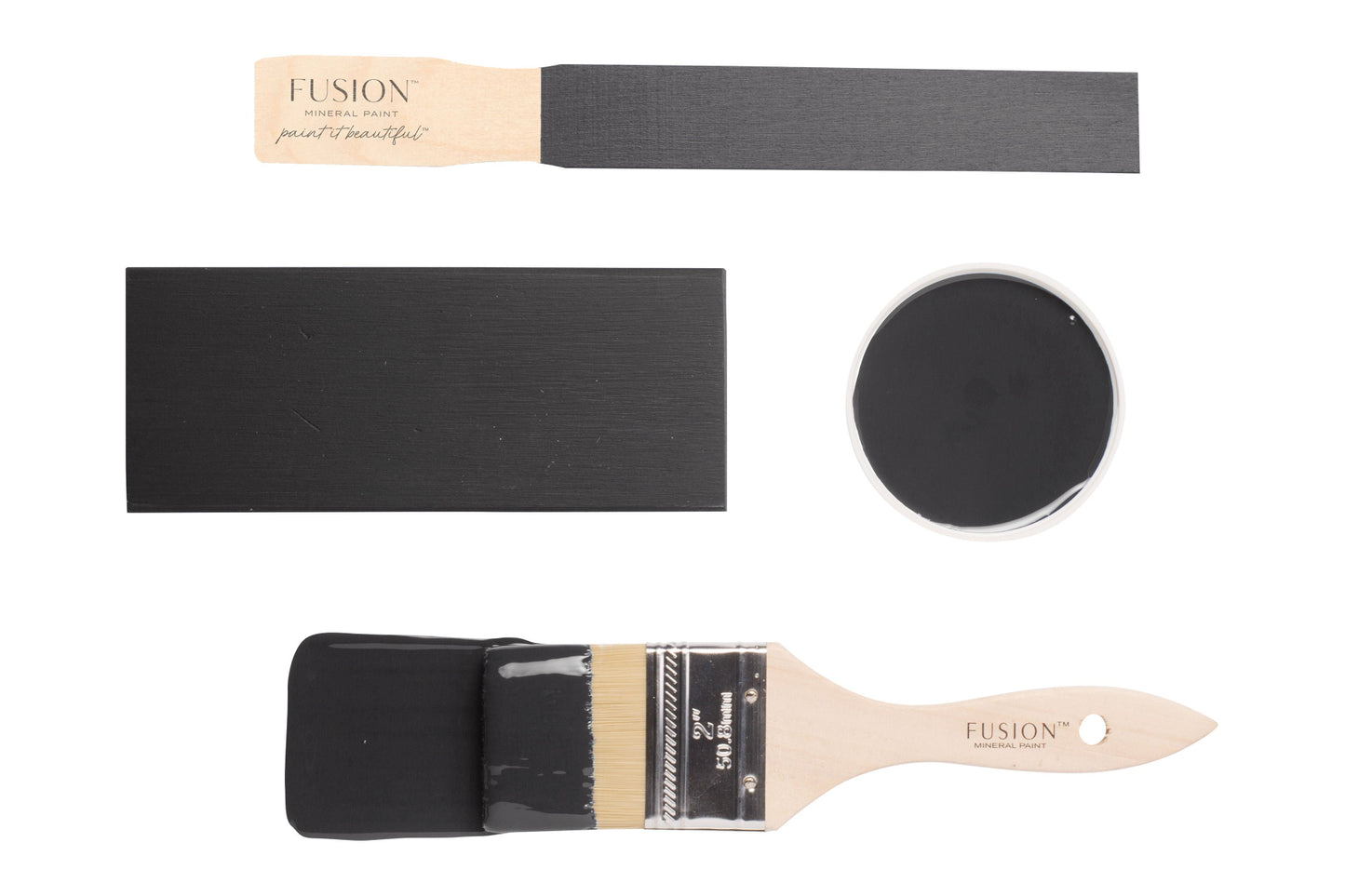 Fusion Cast Iron paint swatch with a brush and black paint on a white background