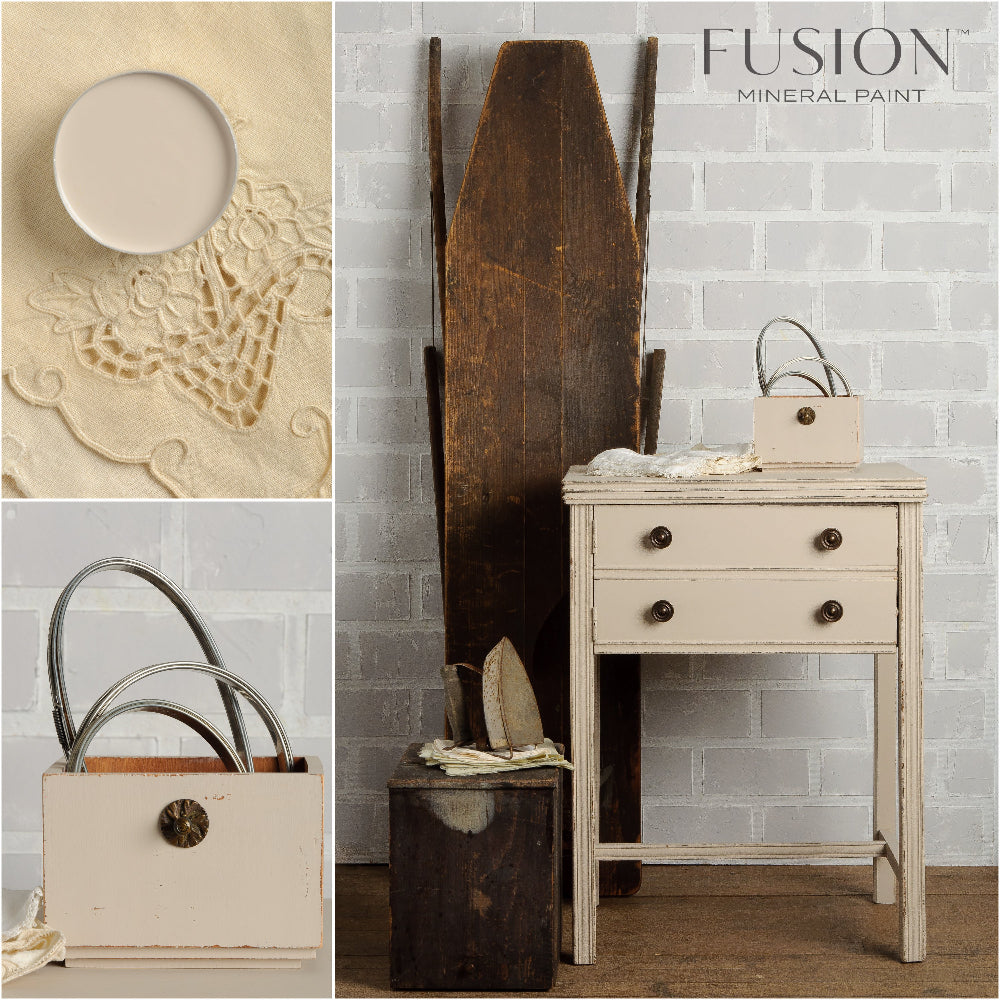 Collage of wall art piece, furniture, and containers in Cathedral Taupe Fusion Mineral Paint