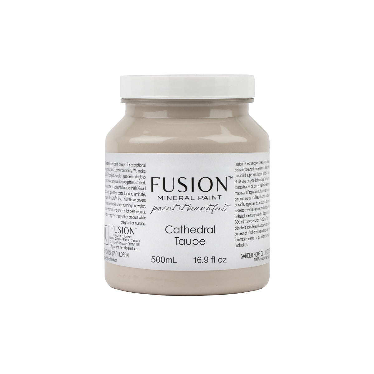 Fusion Mineral Paint jar labelled 'Cathedral Taupe' on a white background