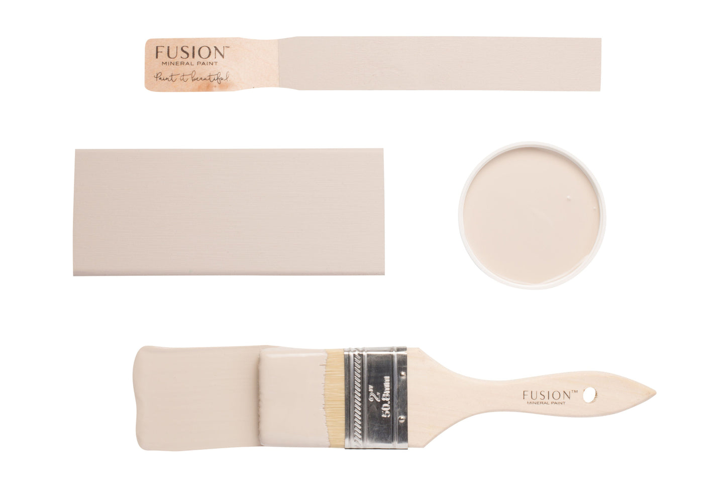 Fusion paintbrushes and colour swatch labelled 'Cathedral Taupe' on a white background