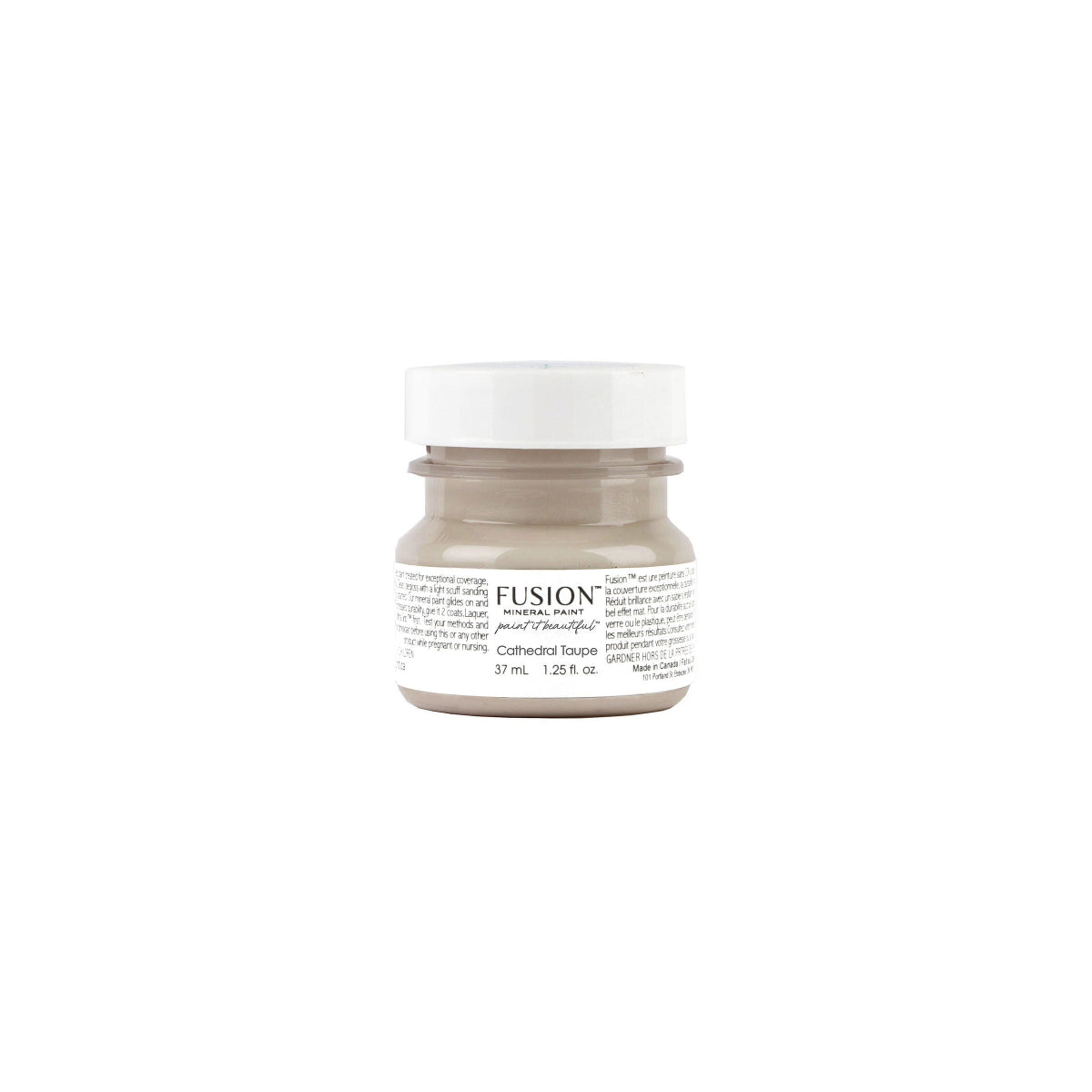 Tester size jar of Cathedral Taupe Fusion paint on a white background