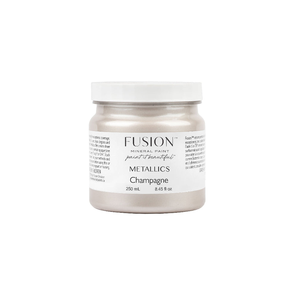 Fusion Mineral Paint Metallics jar labelled 'Champagne' on a white background