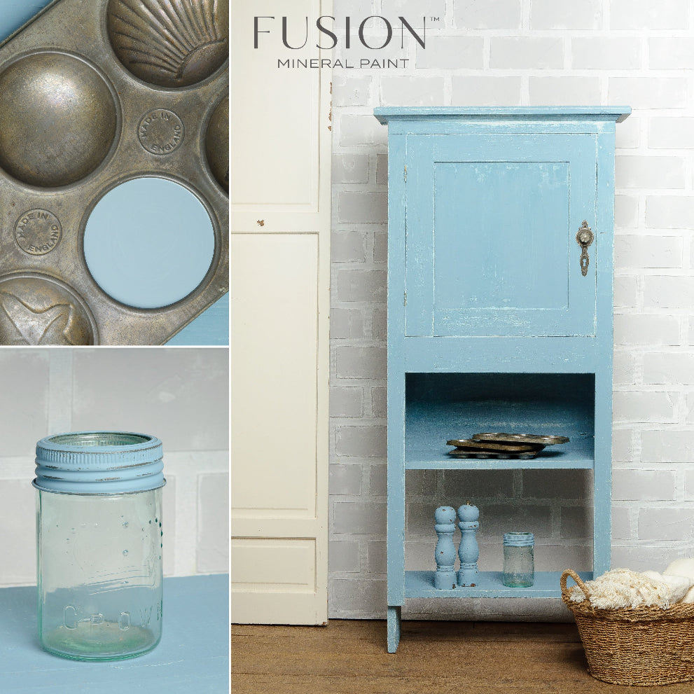 Collage of a cabinet, jar, and muffin tin painted in Champness Fusion Mineral Paint