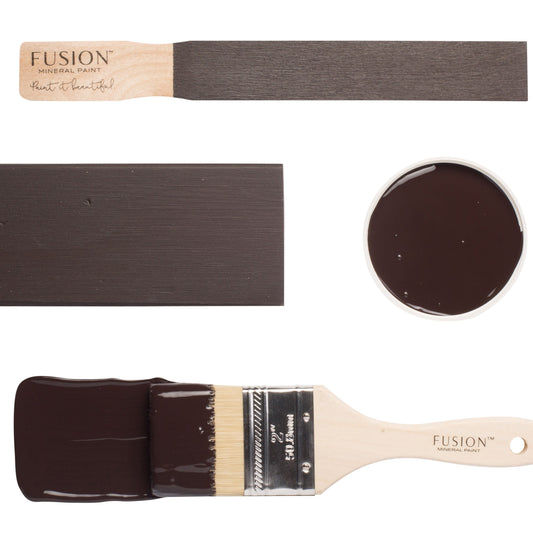 Fusion Mineral Paint swatch and brush in i rich, warm chocolate brown colour on a white background