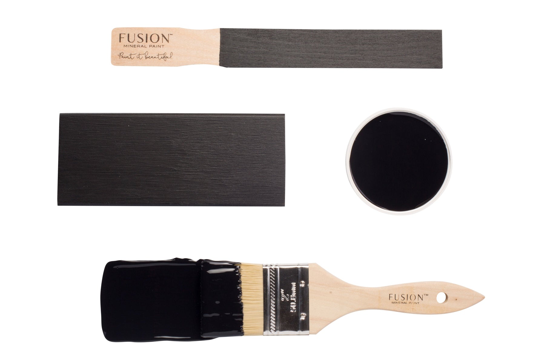 Paint brush and colour swatch of Coal Black Fusion Mineral Paint on a white background