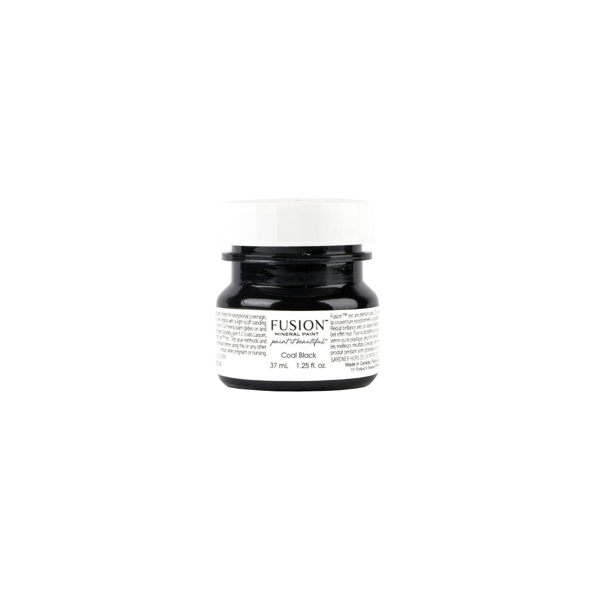 Tester jar of Fusion Coal Black paint on a white background