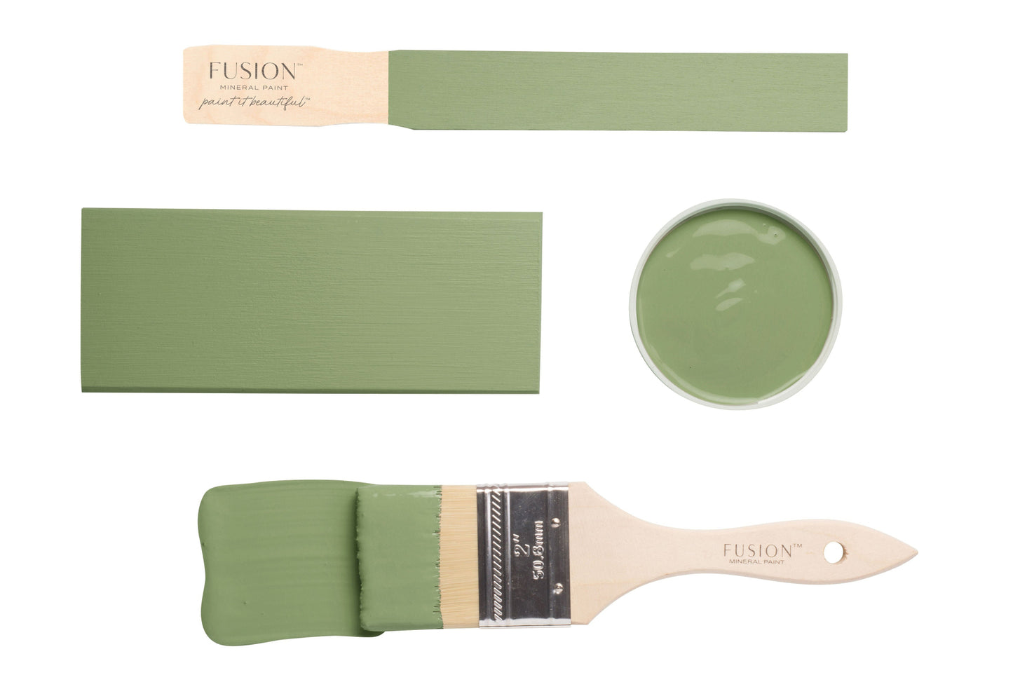 Fusion paintbrushes and swatch with 'Conservatory' colour on a white background