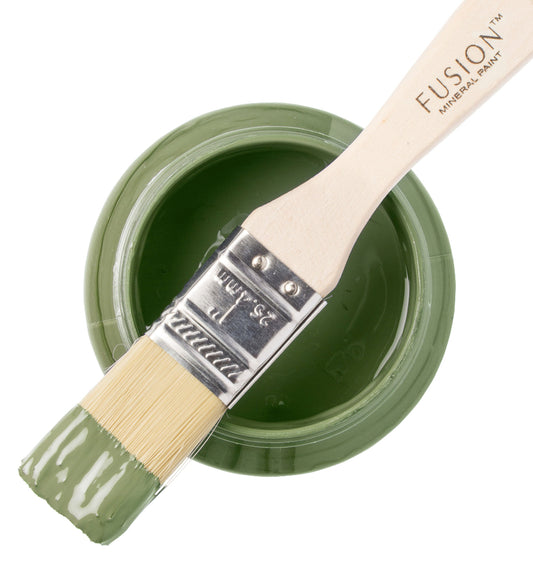 Conservatory green paint with a brush and 'Fusion Mineral Paint' text on a white background