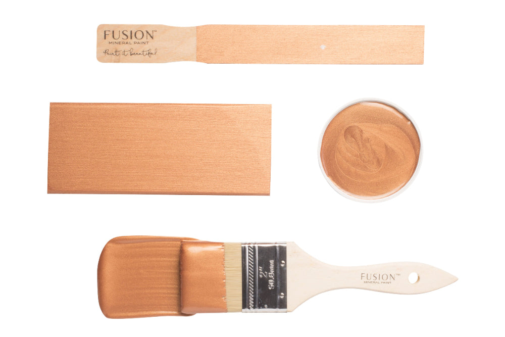 Fusion paintbrushes and swatch of Copper Metallic Fusion Mineral Paint on a white background
