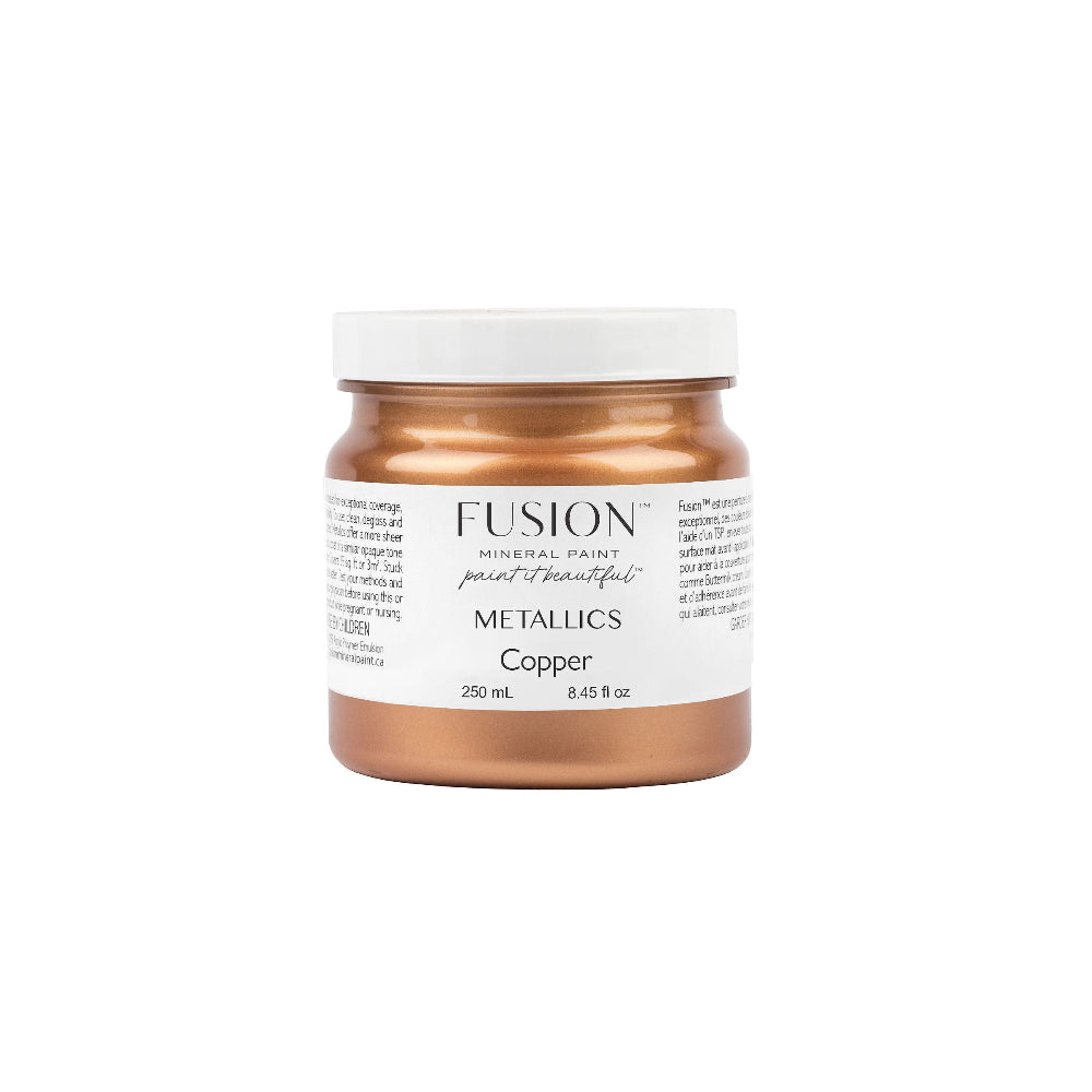 Jar of Fusion Metallics Copper paint on a white background