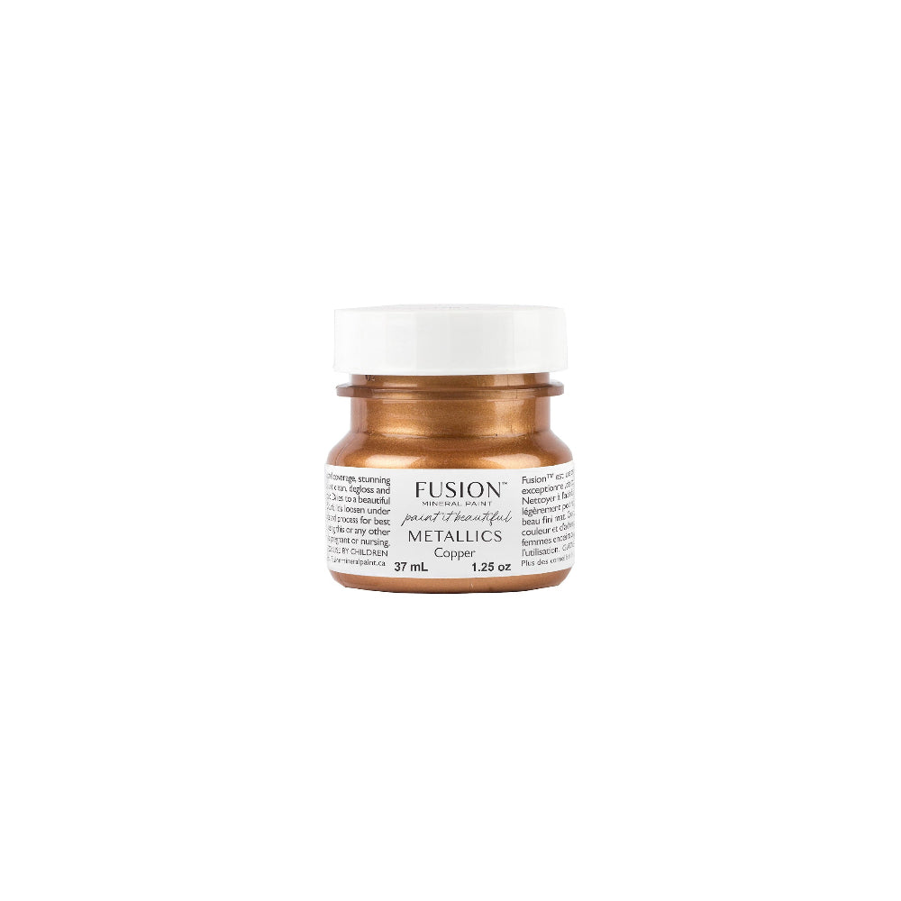 Fusion Mineral Paint tester-sized jar with Copper Metallics on a white background