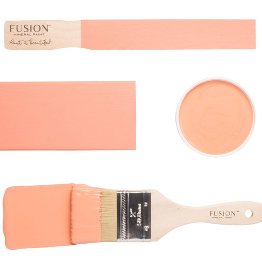 A paintbrush and colour samples of Coral Fusion Mineral Paint on a white background