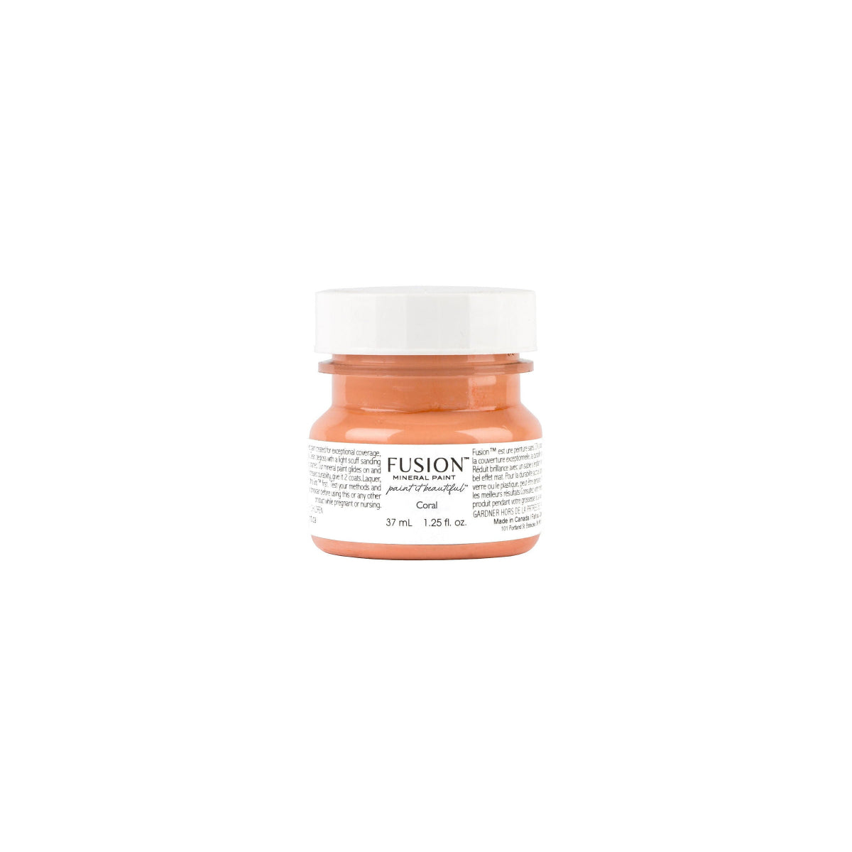 Tester-sized jar of Coral coloured Fusion paint on a white background