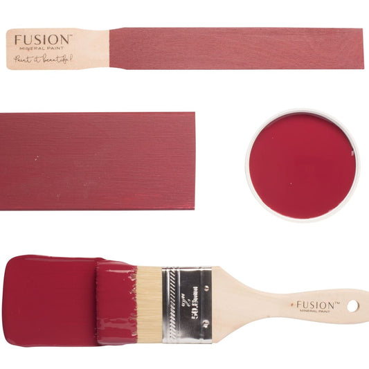 Fusion Mineral Paint Cranberry paint swatch, brush, and container on a white background