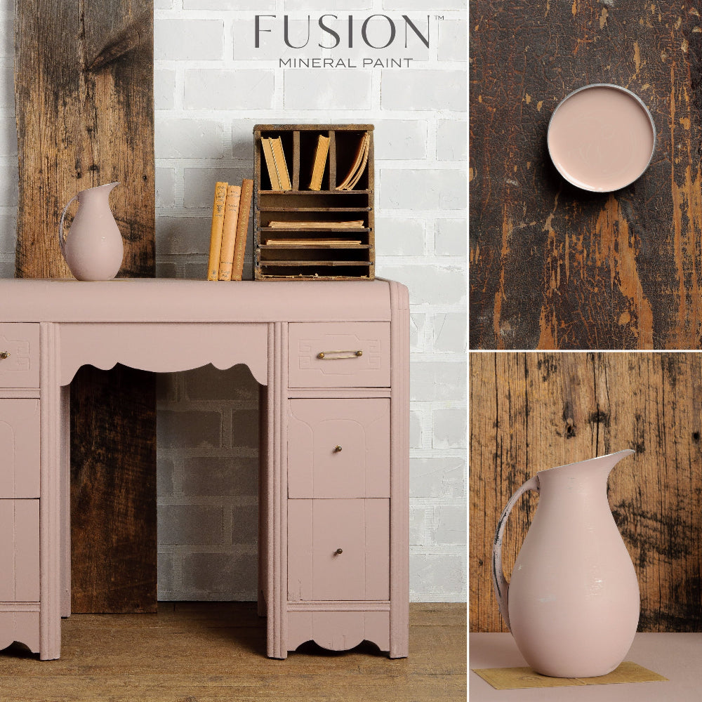 Collage of a desk and vase painted in Damask Fusion Mineral Paint