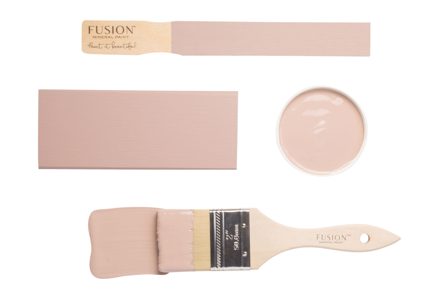 Fusion paintbrush and colour swatch with 'Damask', a dusty pink colour on a white background
