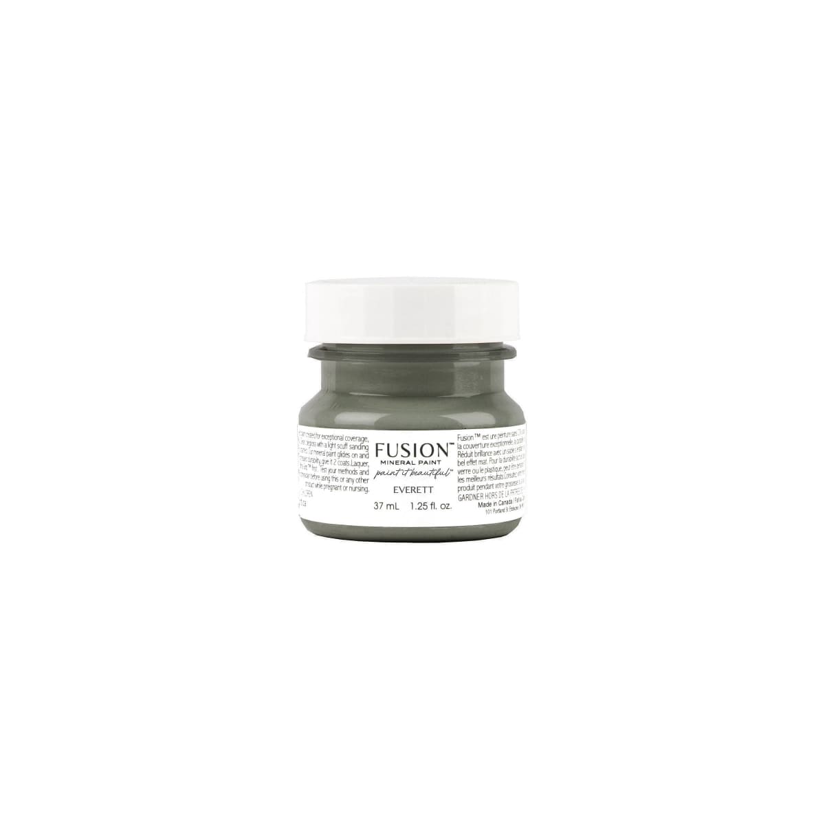 A tester-sized jar of Fusion Mineral Paint in olive green Everett on a white background.