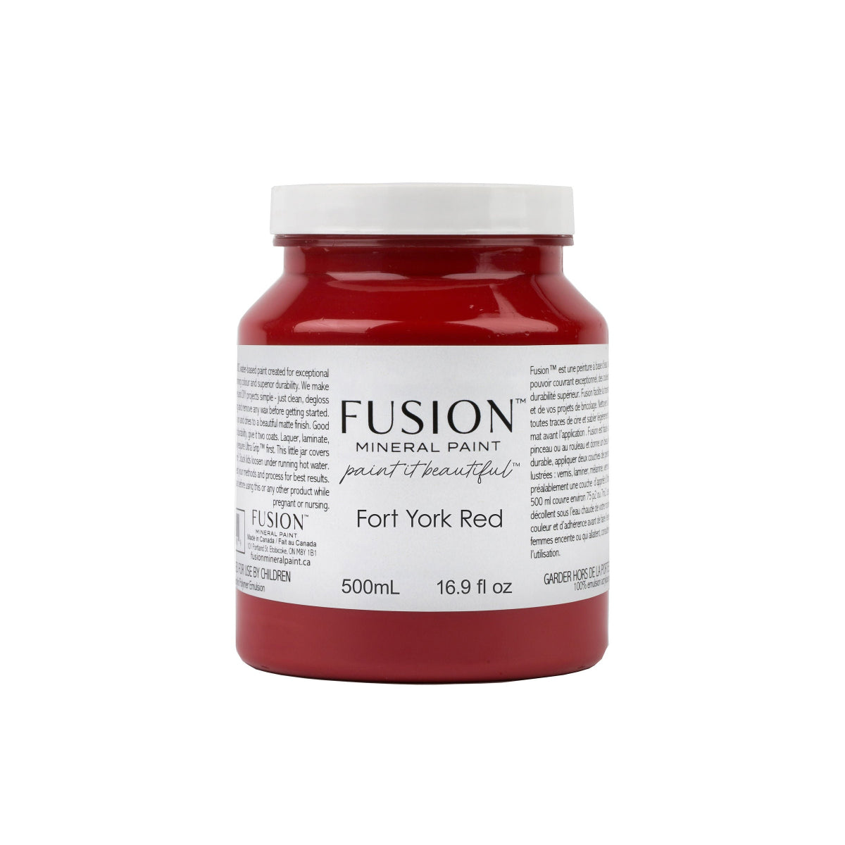 Bottle of Fusion Mineral Paint in Fort York Red on a white background