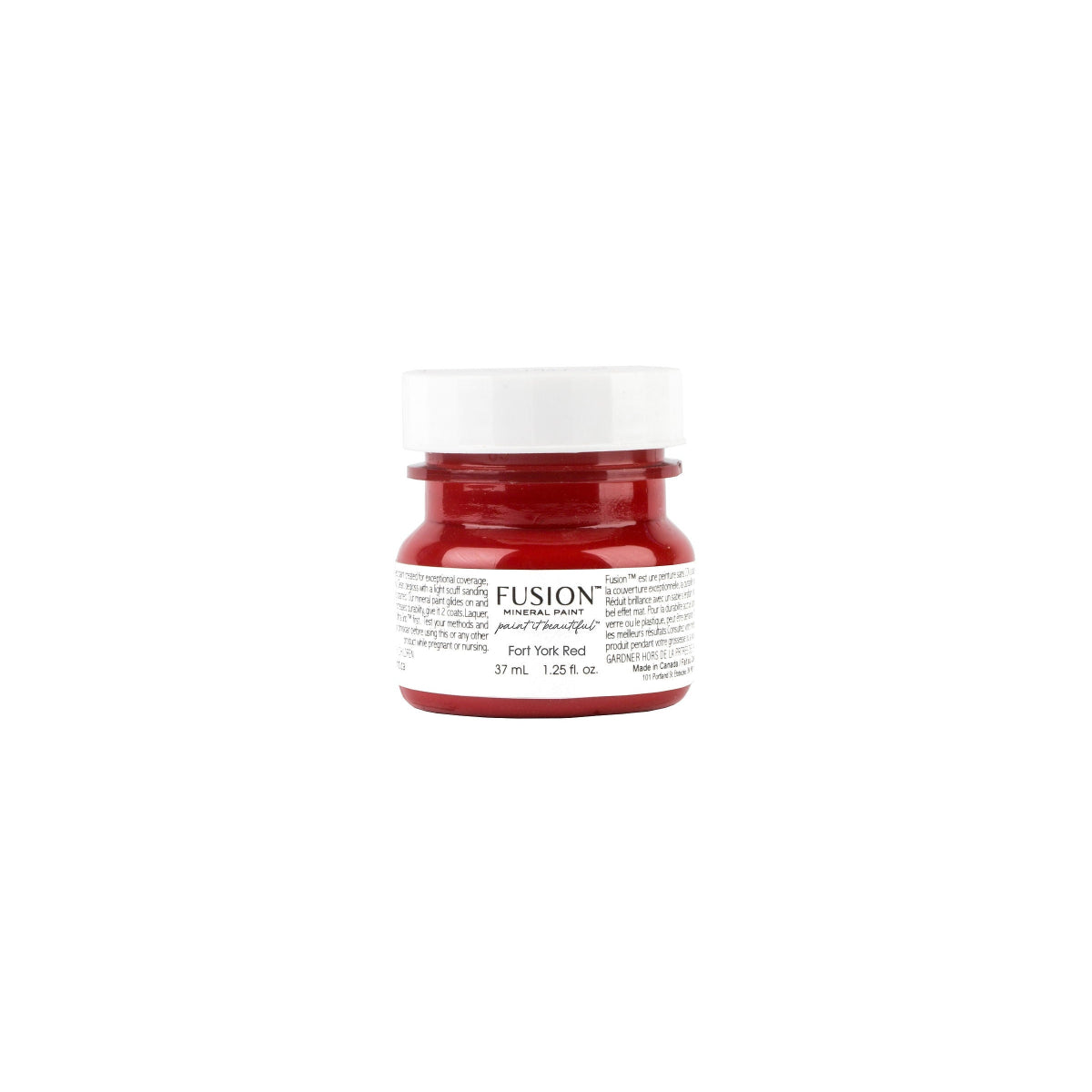 Tester-sized paint jar of Fort York Red Fusion Mineral Paint with white label on a white background