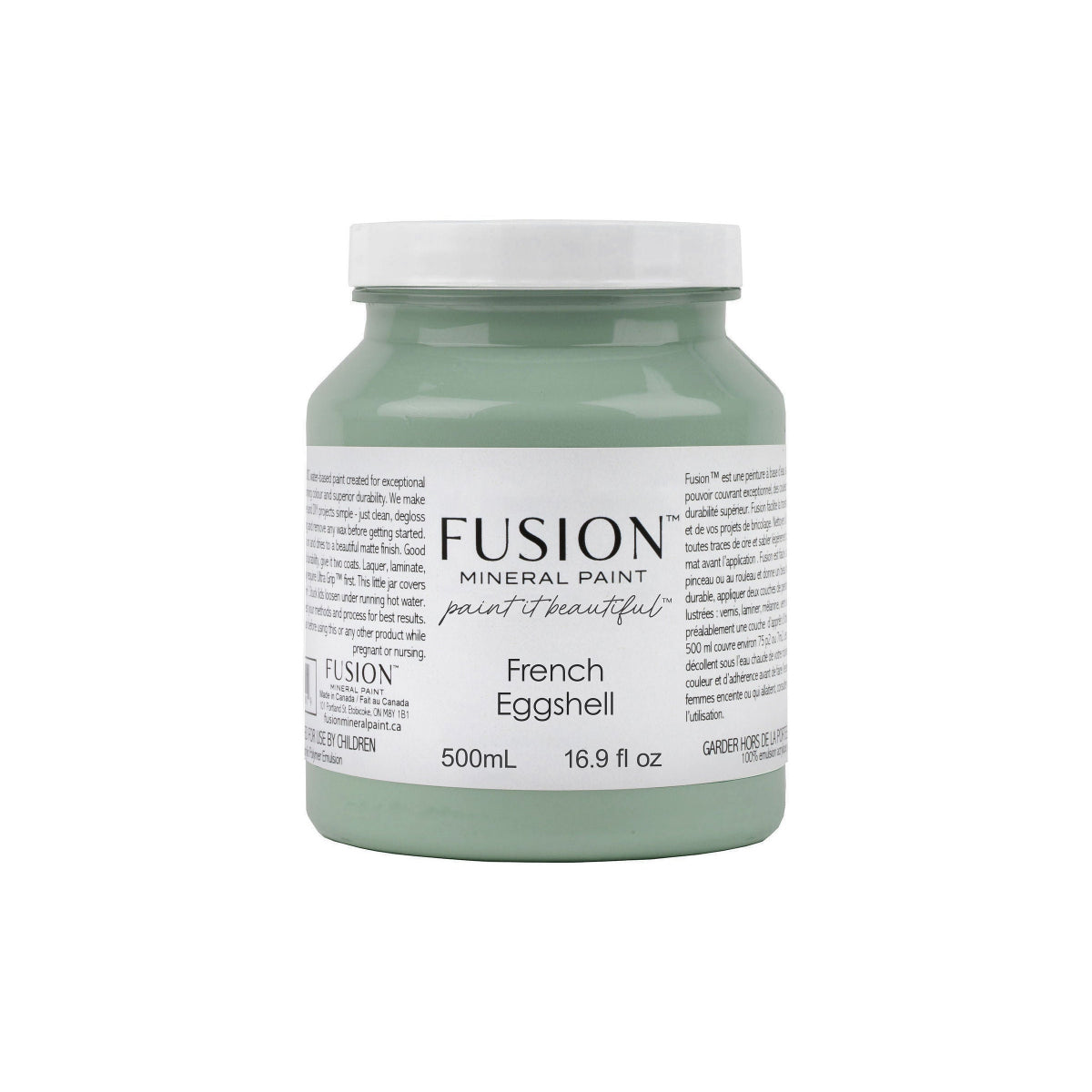 Fusion Mineral Paint jar labelled 'French Eggshell' on a white background