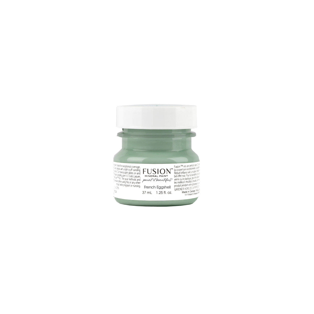 French Eggshell tester-sized paint jar with white lid on a white background