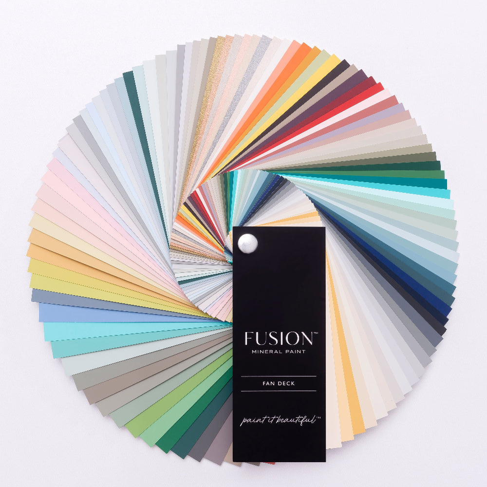 Fusion Mineral Paint Fan Deck with a variety of colours on a white background