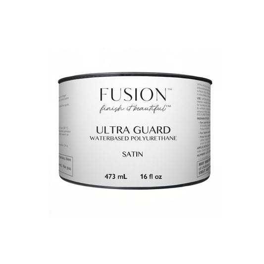 A 473ml can of Fusion Ultra Guard waterbased polyurethane top coat varnish for furniture in satin finish, shown against a plain white background.