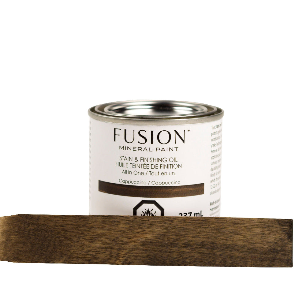 Fusion Stain and Finishing Oil in Cappuccino painted on a sample of raw wood to show depth of colour