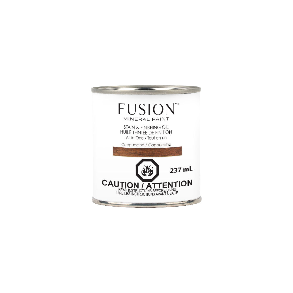 Can of Fusion Mineral Paint Cappuccino Stain & Finishing Oil on a white background