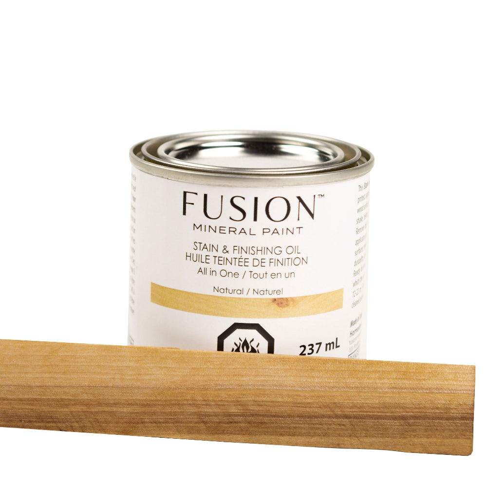 Fusion Stain and Finishing Oil in Natural painted on a sample of raw wood to show depth of colour