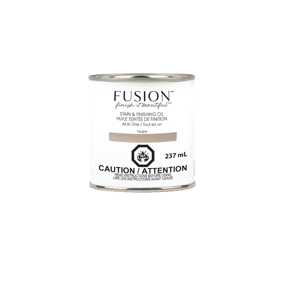 Can of Fusion Mineral Paint Taupe Stain & Finishing Oil on a white background