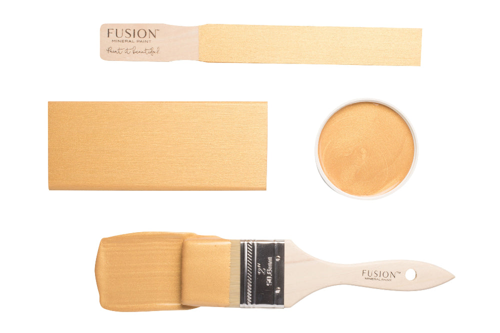 Colour samples of Fusion Mineral Paint in Gold Metallic on a white background