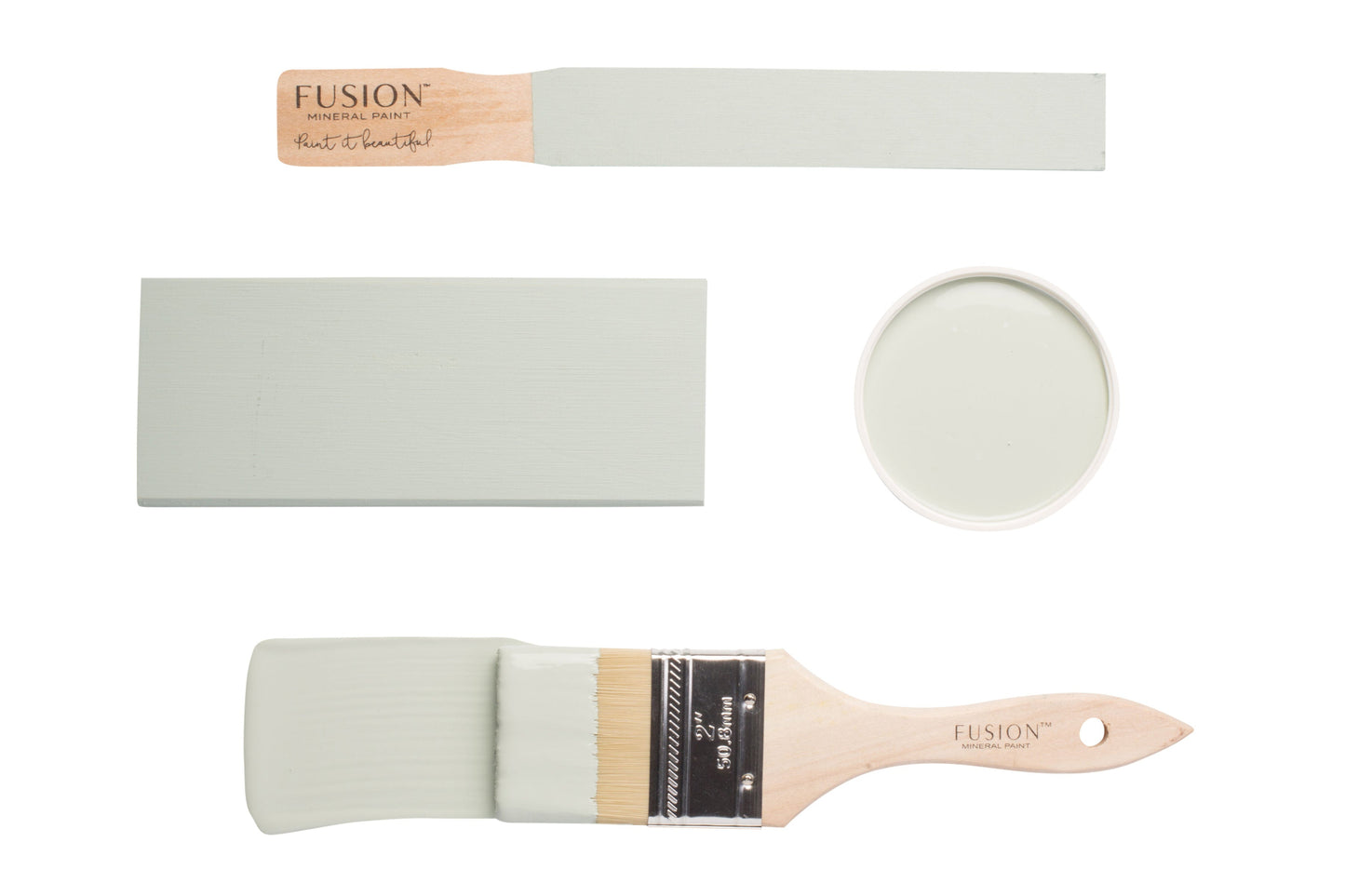 Fusion paintbrushes and paint swatches with Inglenook colour on a white background